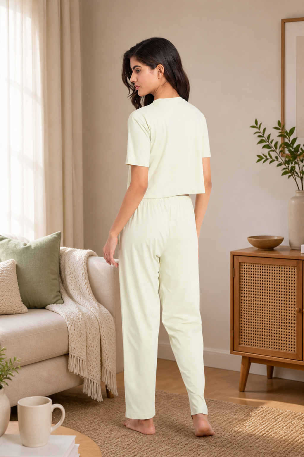Nightwear crop cord Set for Women|Printed Top and Pajama|Viscose Crop T-Shirt and Pants with 2 side pockets