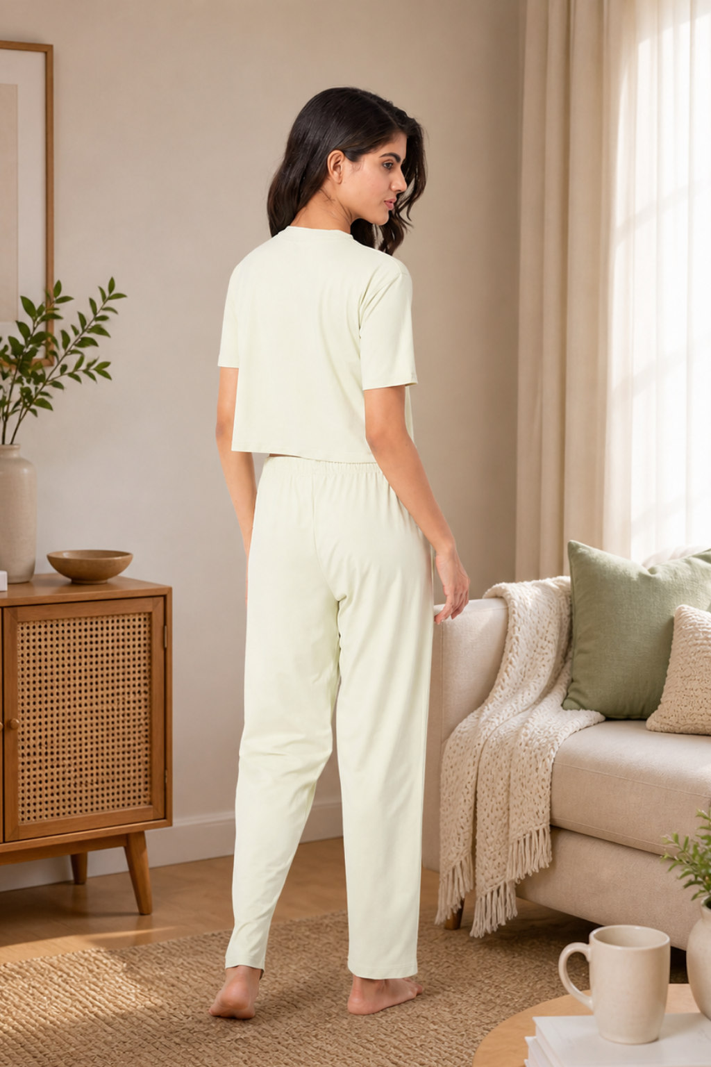 Nightwear crop cord Set for Women|Printed Top and Pajama|Viscose Crop T-Shirt and Pants with 2 side pockets