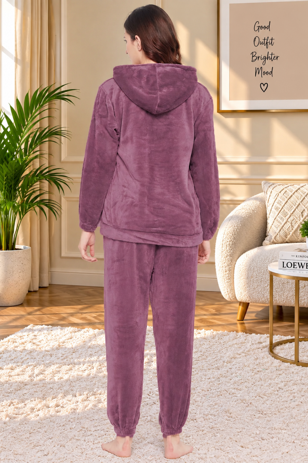 Women's Winter Full Sleeve Top and Pajama Pants Regular Fit Night Suit Hooded Top and Pyjama Set Ladies Night Dress