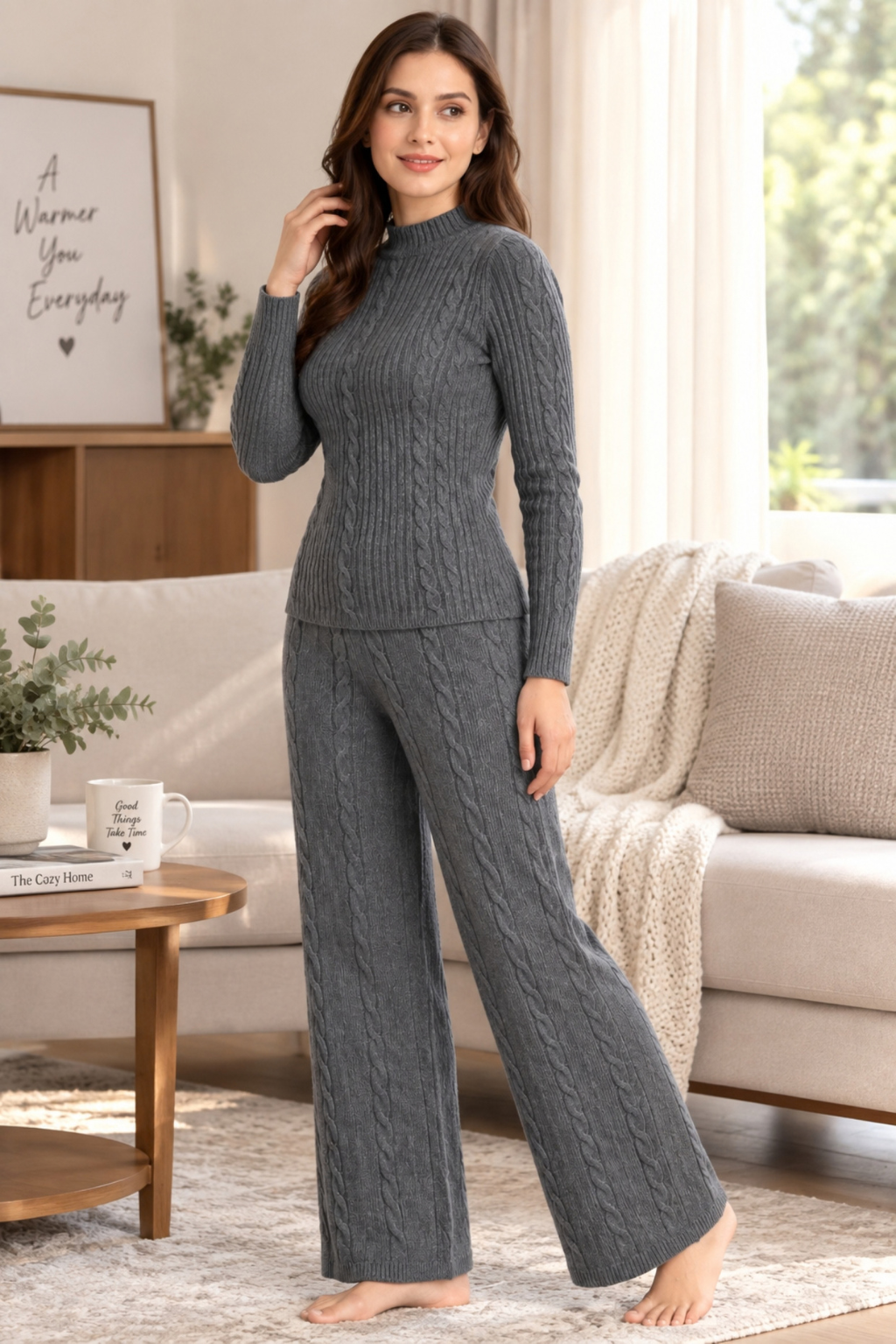Camey Women Woolen Lounge Wear Set | Full Sleeve with Wide Leg Pants | Soft Warm Winter Co-Ord Set