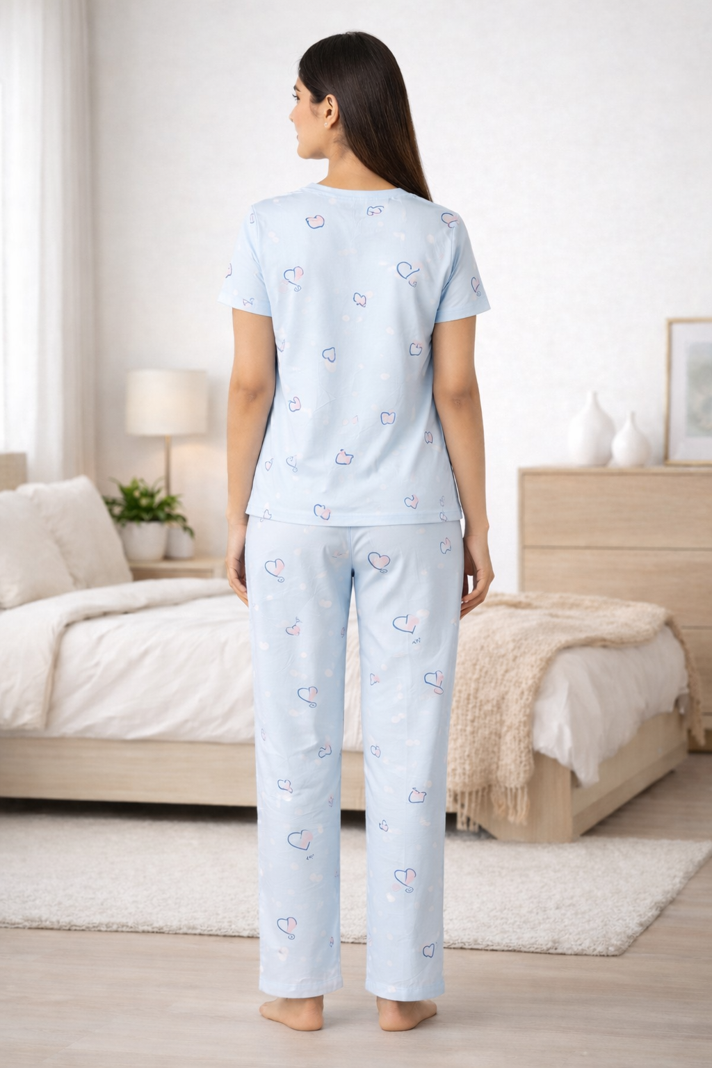 Women Viscose Pyjama Set Cute Prints Nightwear Soft Breathable Sleepwear Short Sleeve Top & Full Length Pajama Pants Lounge Set