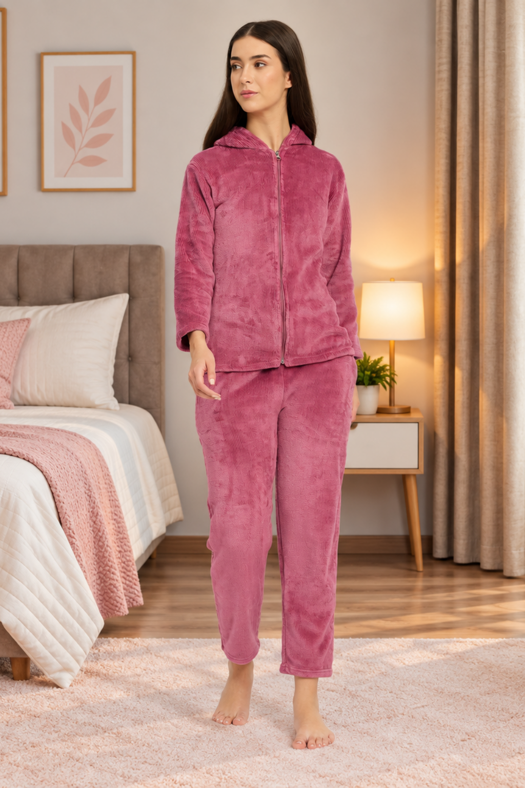 Women Winter Full Sleeve Jacquard Zipper Hoody Nightsuit