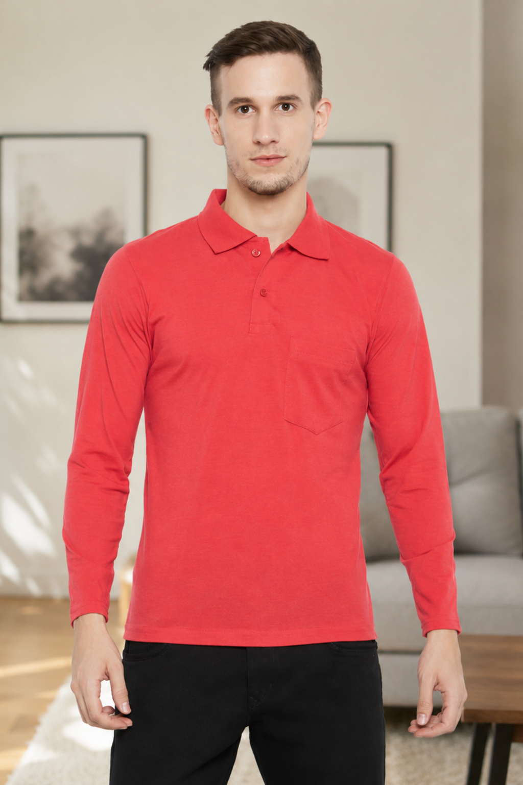 Camey Men's T-Shirts – Soft, Great Everyday Fit | Men's Red Full Sleeves Cotton Polo T-Shirt
