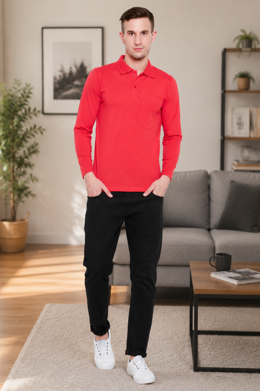 Camey Men's T-Shirts – Soft, Great Everyday Fit | Men's Red Full Sleeves Cotton Polo T-Shirt