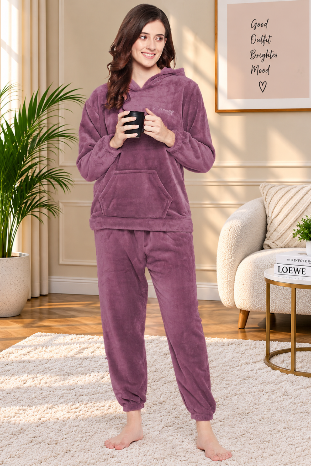 Women's Winter Full Sleeve Top and Pajama Pants Regular Fit Night Suit Hooded Top and Pyjama Set Ladies Night Dress