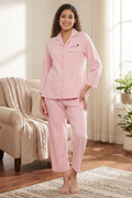 Women's Cotton Pyjama Set, Long Sleeve Button-Down Top with Pants, Sleepwear, Peach