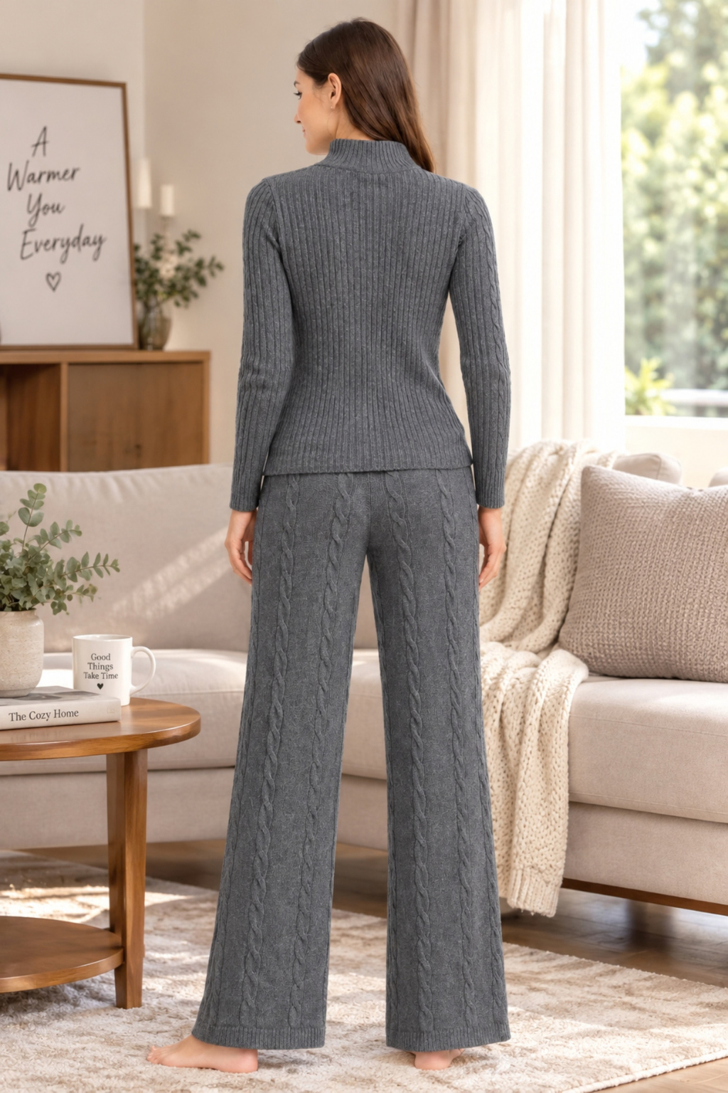 Camey Women Woolen Lounge Wear Set | Full Sleeve with Wide Leg Pants | Soft Warm Winter Co-Ord Set