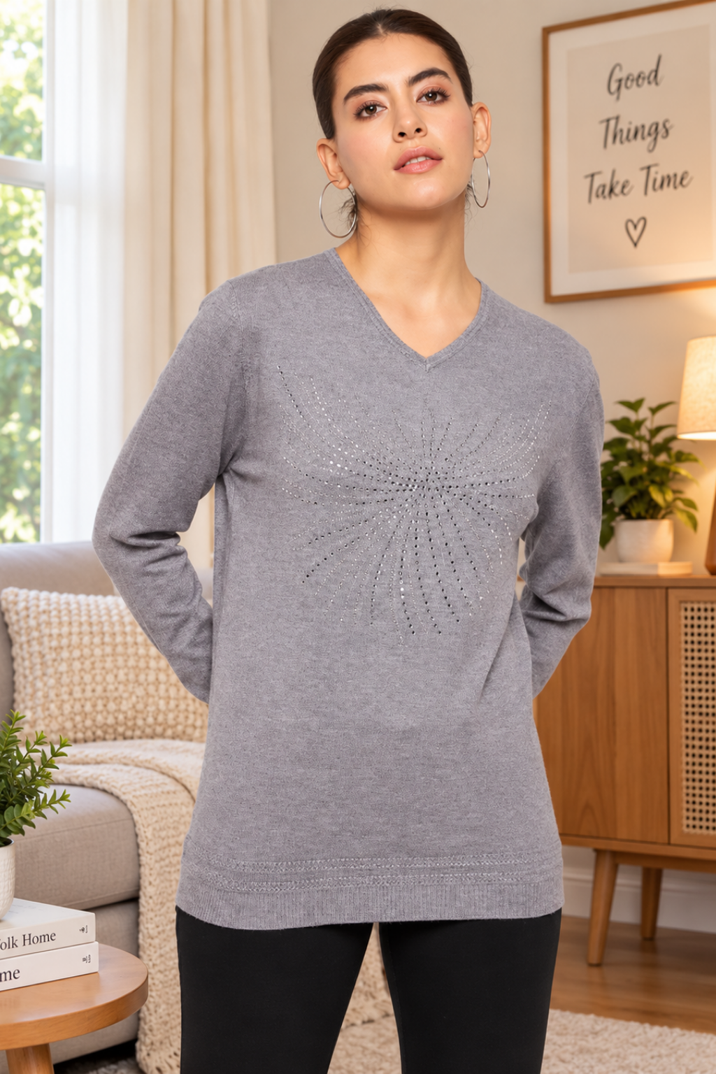 Women Woolen Winter full sleeve stone print V- Neck top | Sweater