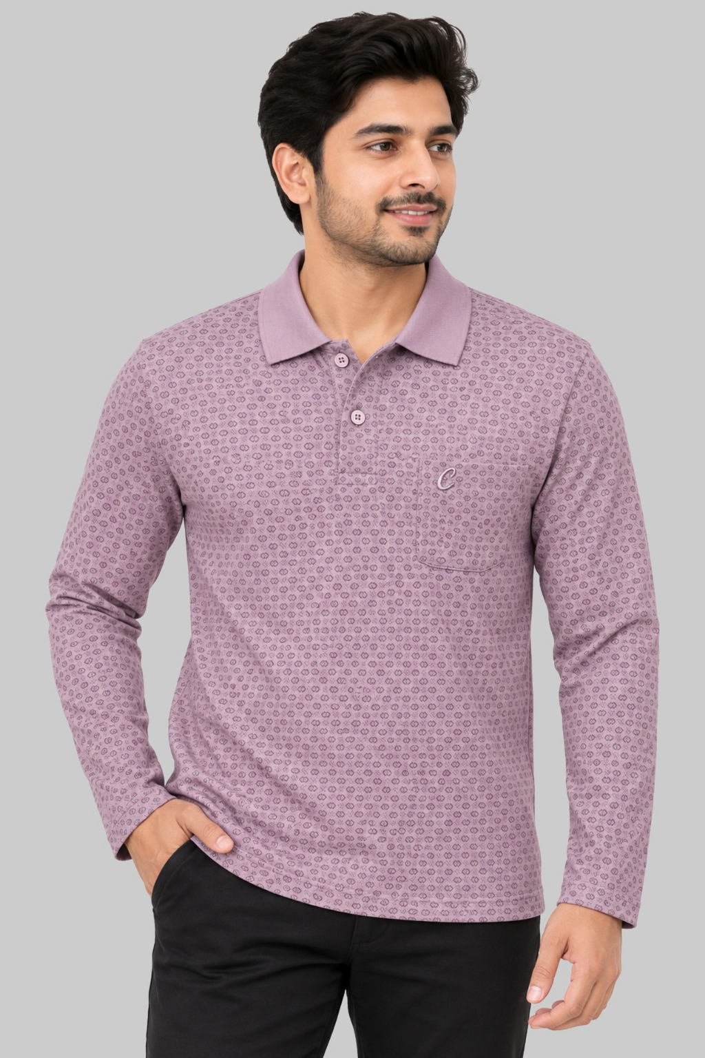 Men's Printed Full Sleeve T-Shirt For Men Polo Neck With Chest Pocket