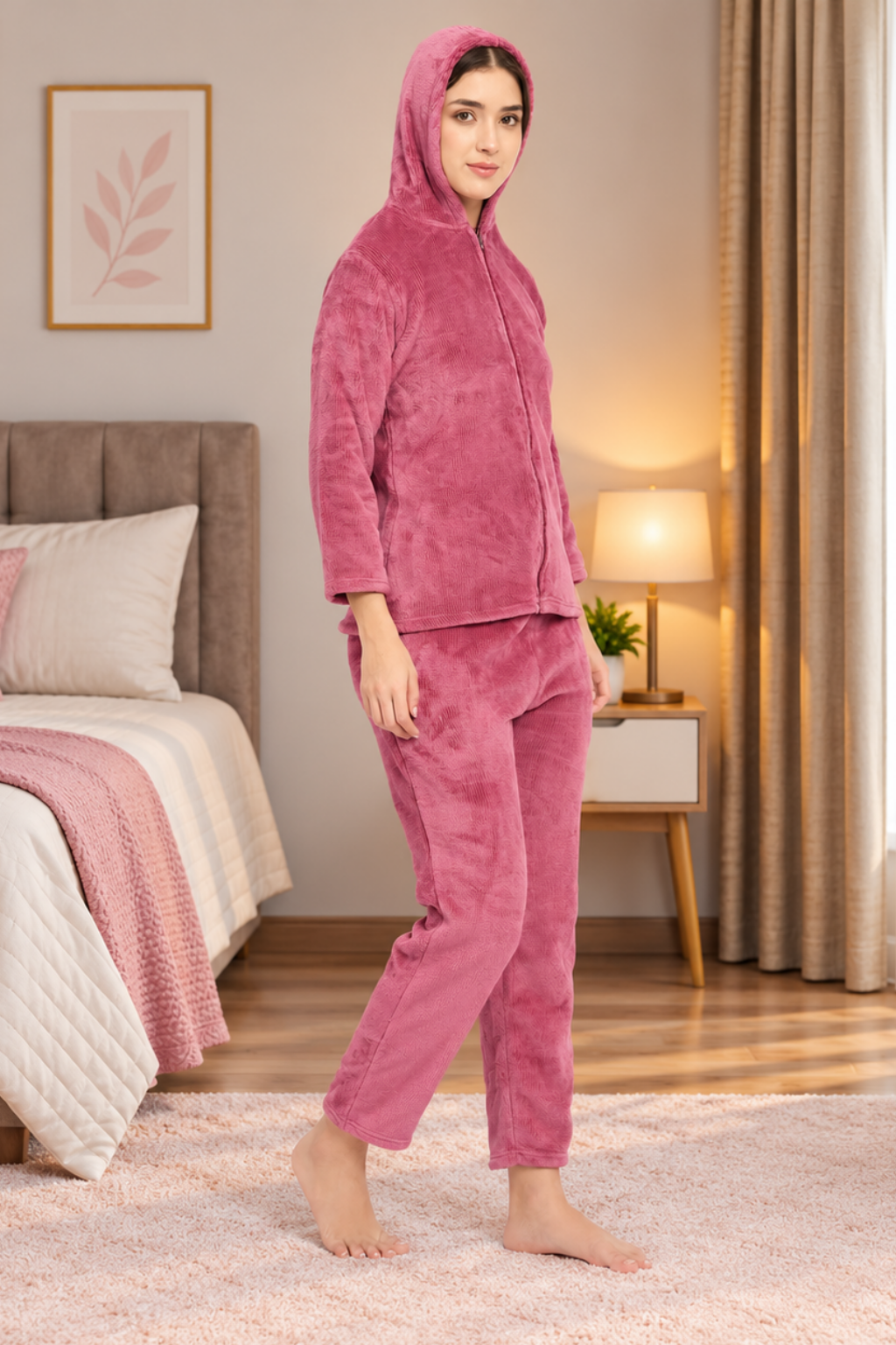 Women Winter Full Sleeve Jacquard Zipper Hoody Nightsuit