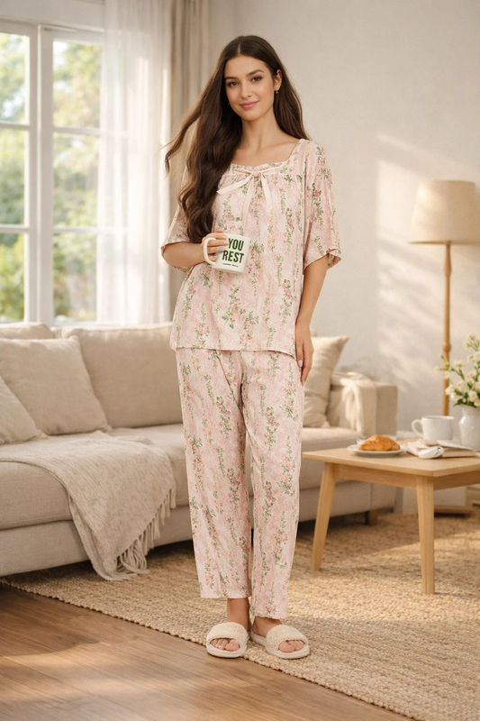 Women’s Floral Printed Night Suit Set | Soft Viscose Women Night Suit | Elegant Night Suit