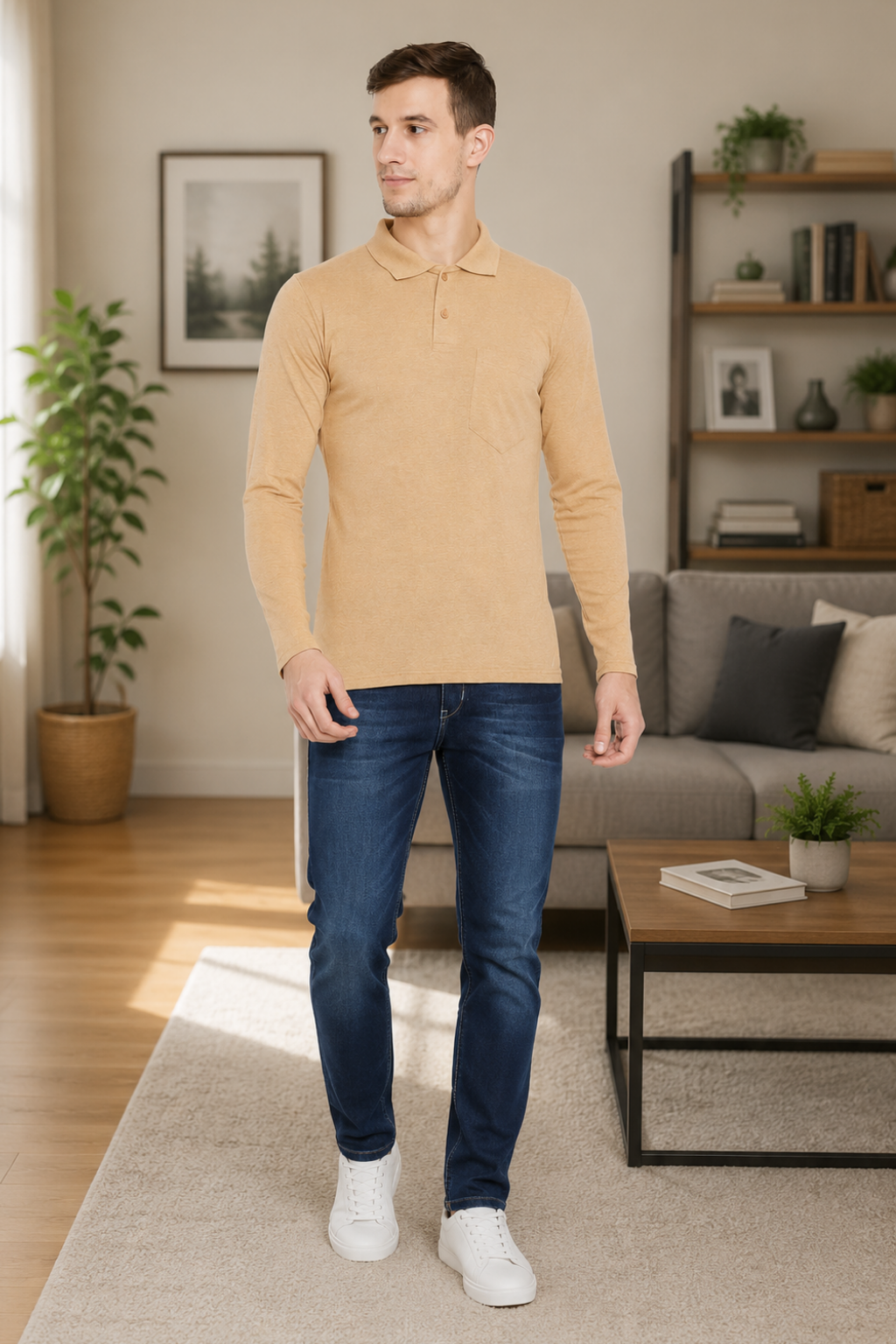 Camey Men's T-Shirts – Trendy Printed Tees for Casual Look | Men's Cream Full Sleeves Cotton Polo T-Shirt