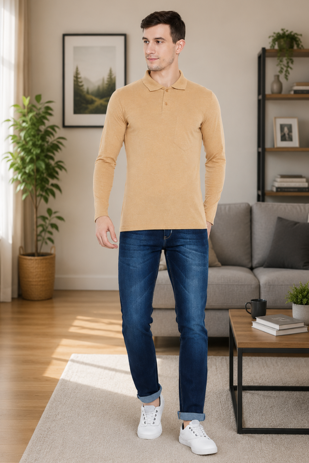 Camey Men's T-Shirts – Trendy Printed Tees for Casual Look | Men's Cream Full Sleeves Cotton Polo T-Shirt