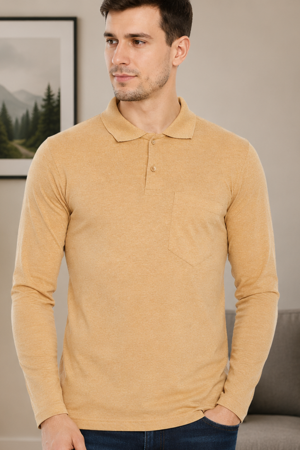 Camey Men's T-Shirts – Trendy Printed Tees for Casual Look | Men's Cream Full Sleeves Cotton Polo T-Shirt