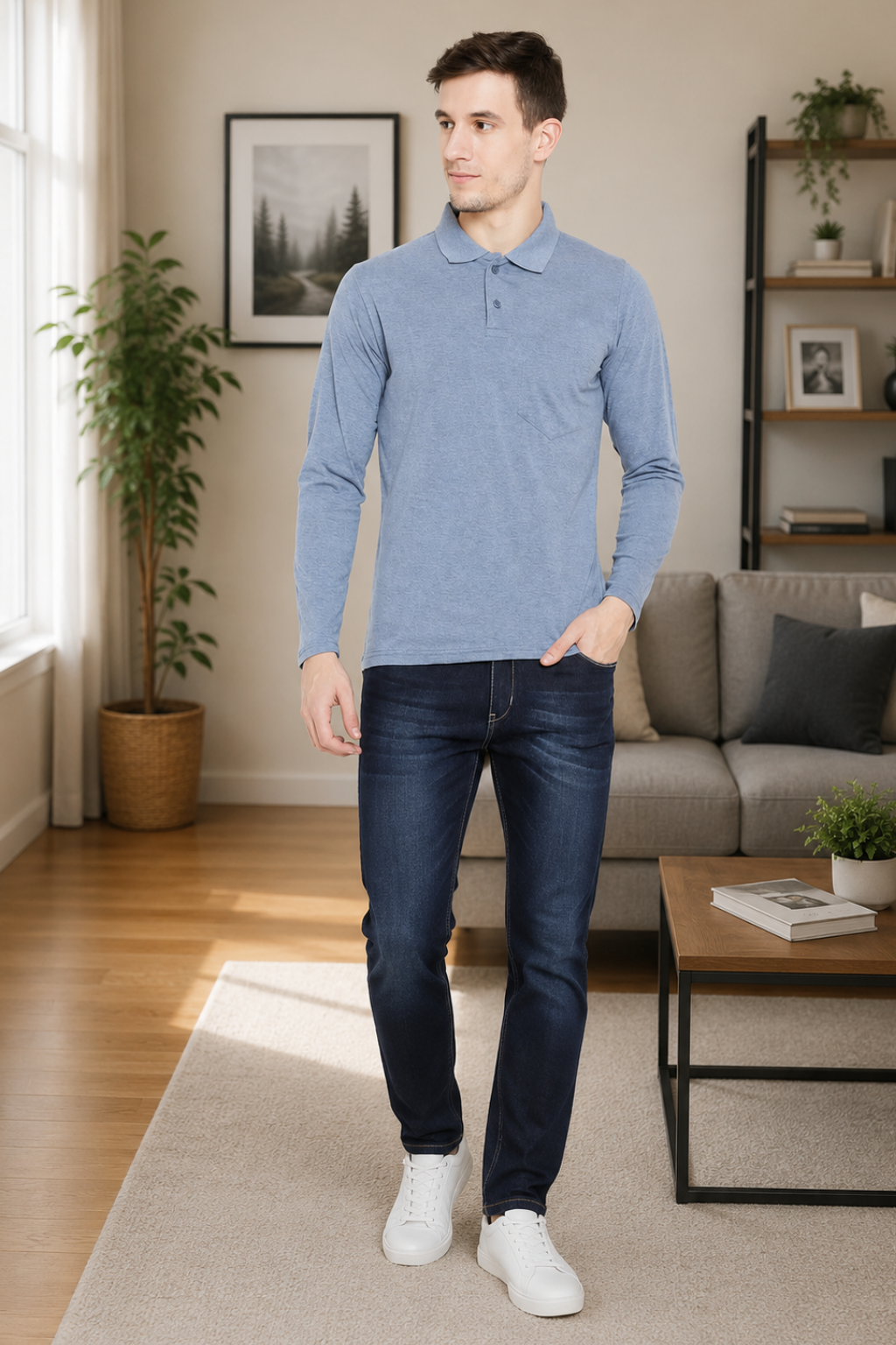 Men's Blue Full Sleeves Cotton Polo T-Shirt