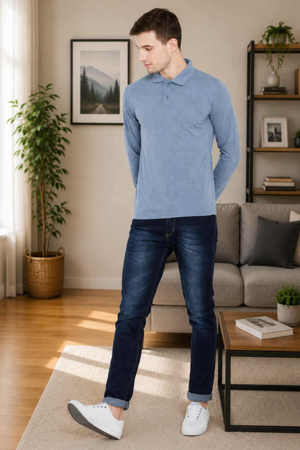 Men's Blue Full Sleeves Cotton Polo T-Shirt