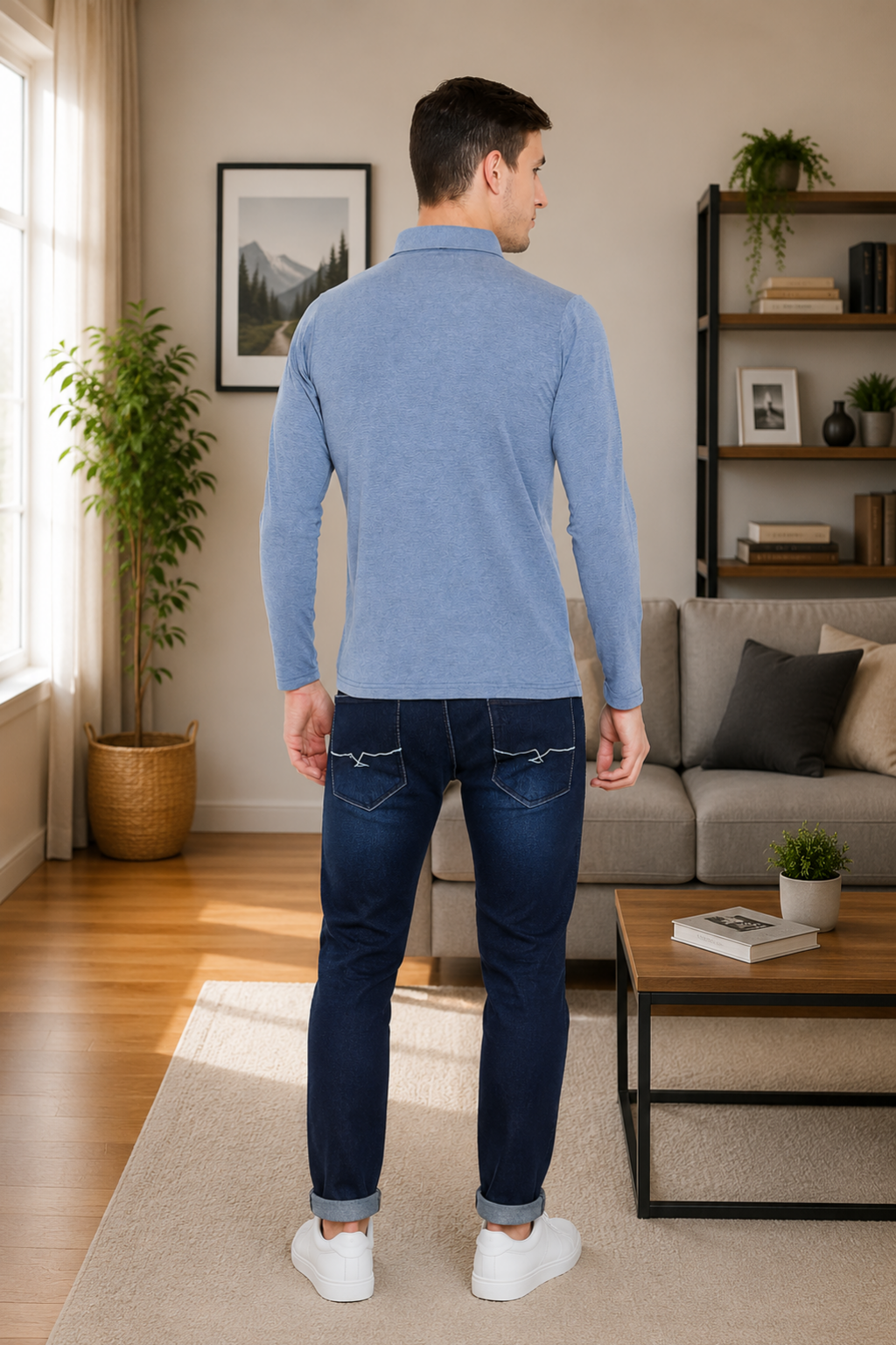 Men's Blue Full Sleeves Cotton Polo T-Shirt