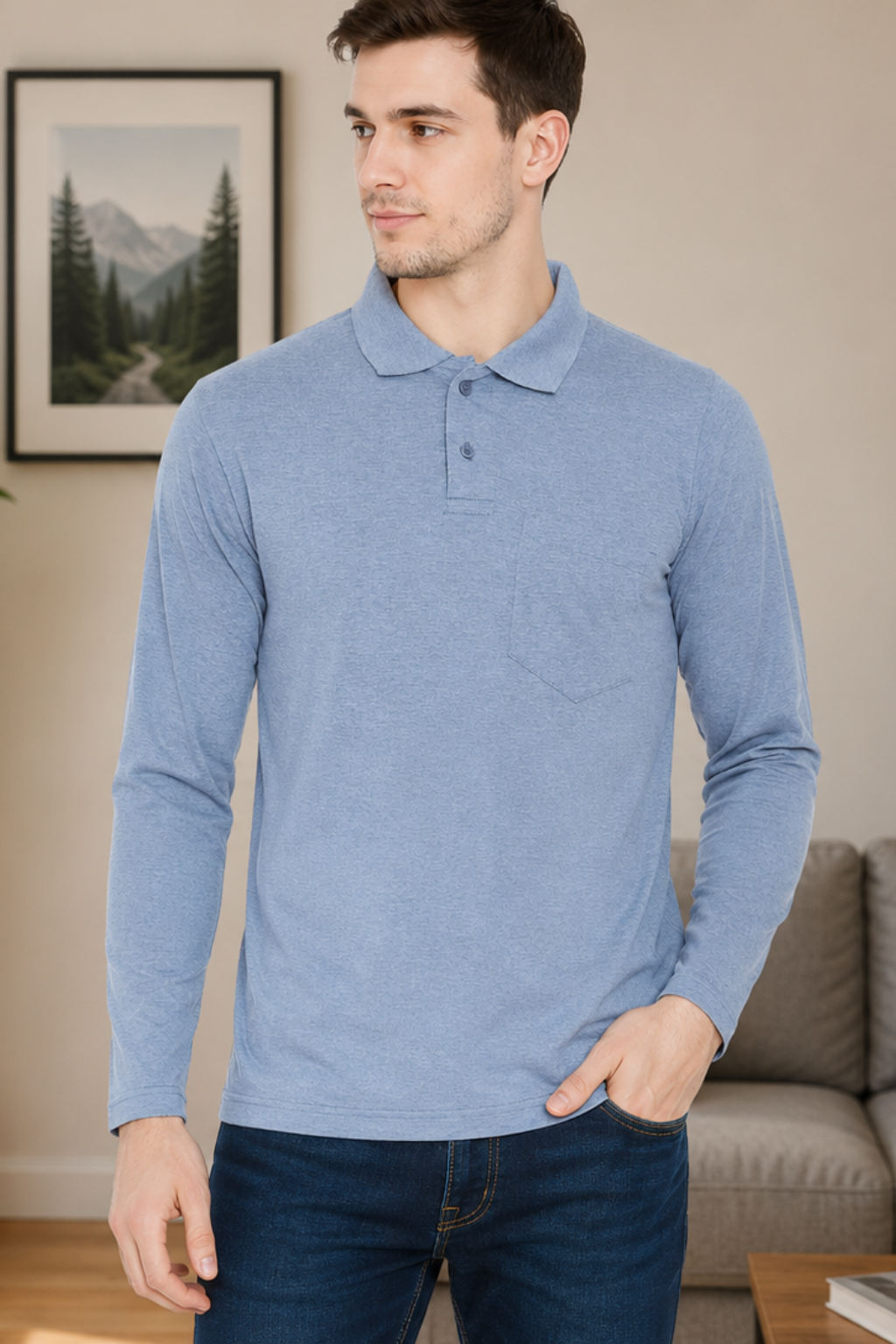 Men's Blue Full Sleeves Cotton Polo T-Shirt