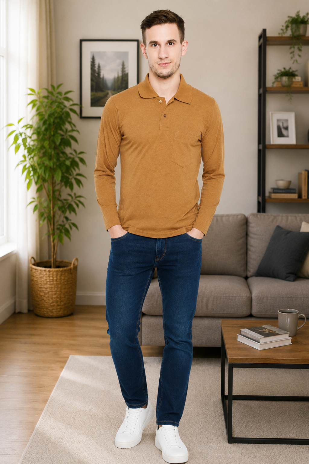 Camey Men's Casual Wear – Chic Cotton Tees Online | Men's Musturd Full Sleeves Cotton Polo T-Shirt