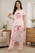 Women Night Suit Pink Teddy Bear Printed Sleepwear Set with Half Sleeve T-Shirt & Pyjama