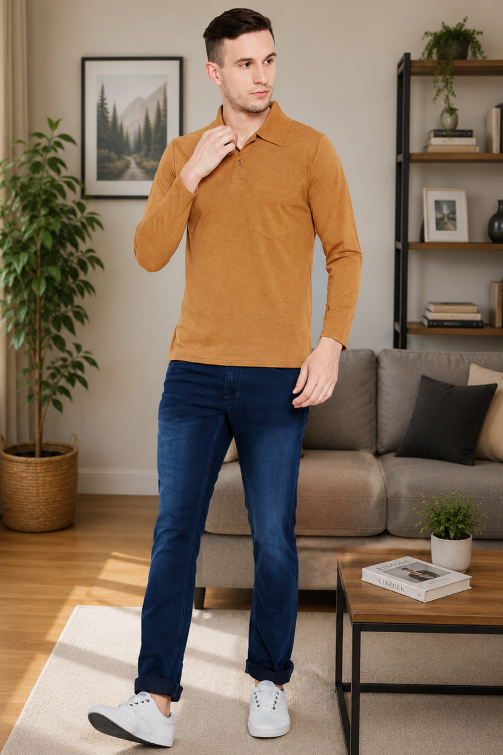 Camey Men's Casual Wear – Chic Cotton Tees Online | Men's Musturd Full Sleeves Cotton Polo T-Shirt