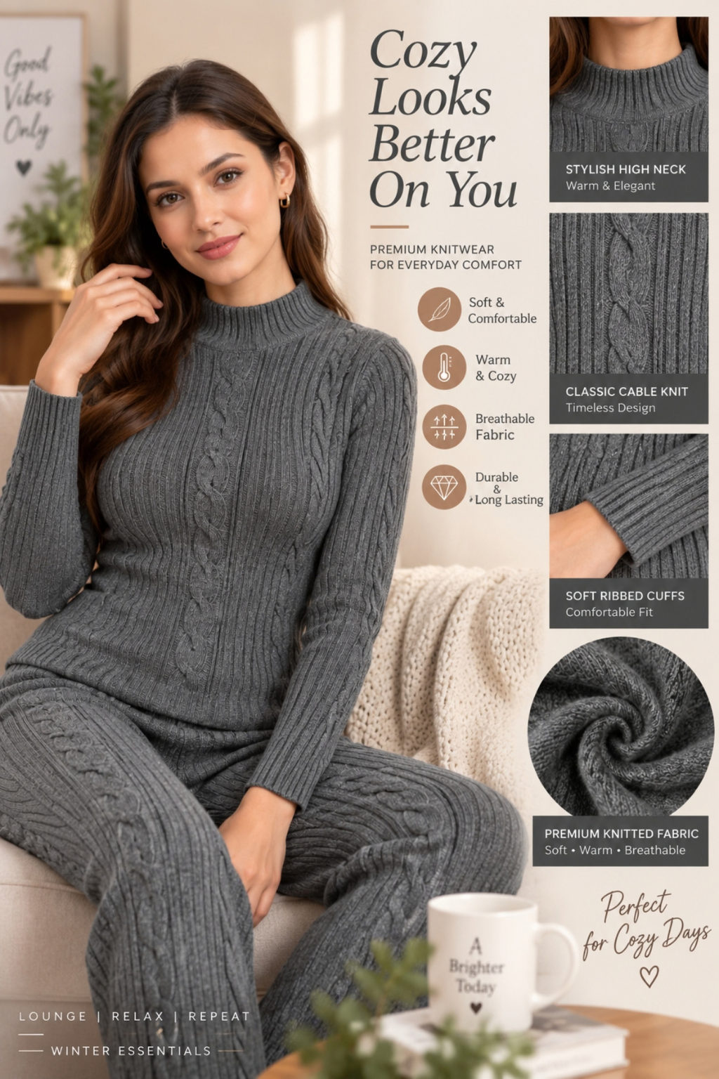 Camey Women Woolen Lounge Wear Set | Full Sleeve with Wide Leg Pants | Soft Warm Winter Co-Ord Set