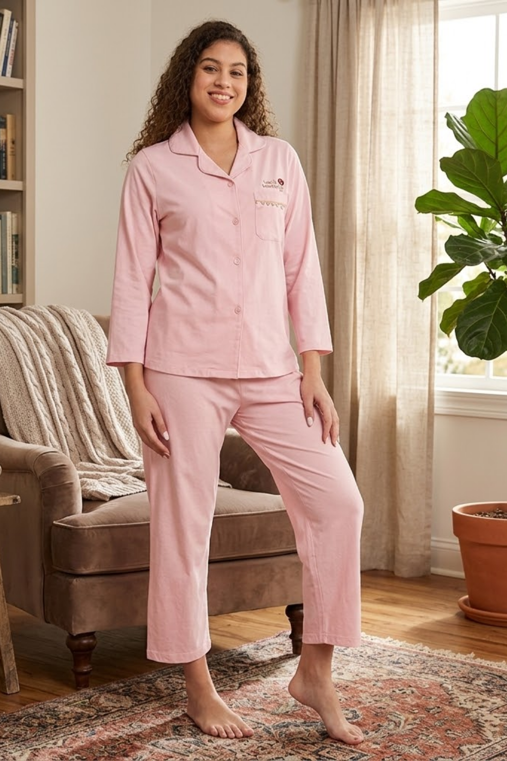 Women's Cotton Pyjama Set, Long Sleeve Button-Down Top with Pants, Sleepwear, Peach