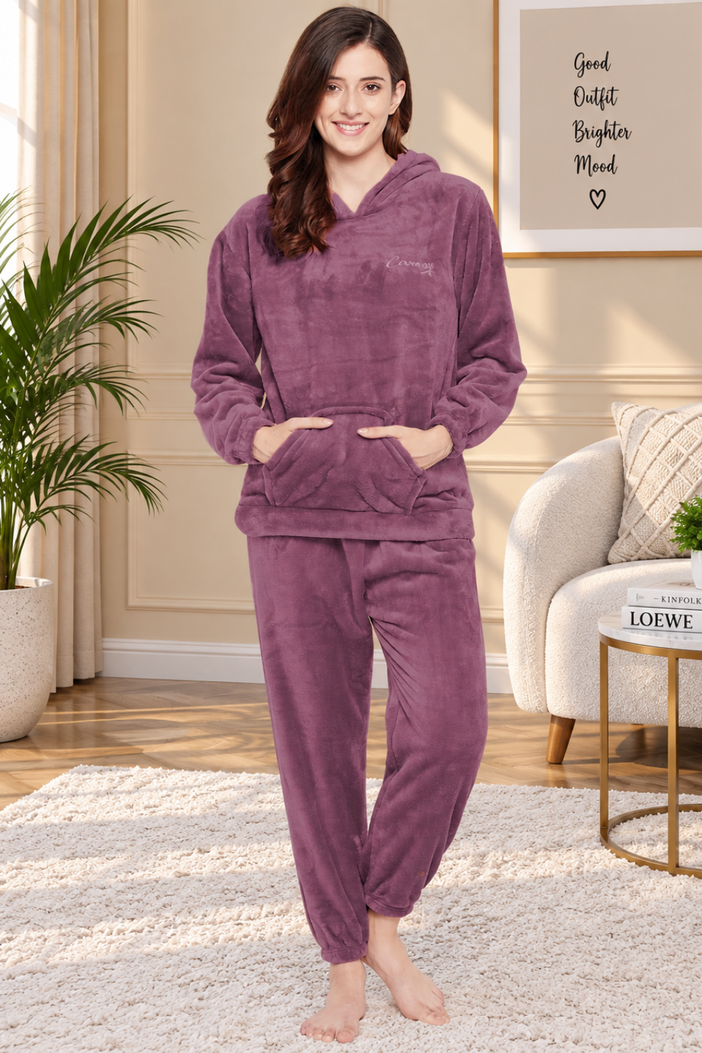 Women's Winter Full Sleeve Top and Pajama Pants Regular Fit Night Suit Hooded Top and Pyjama Set Ladies Night Dress