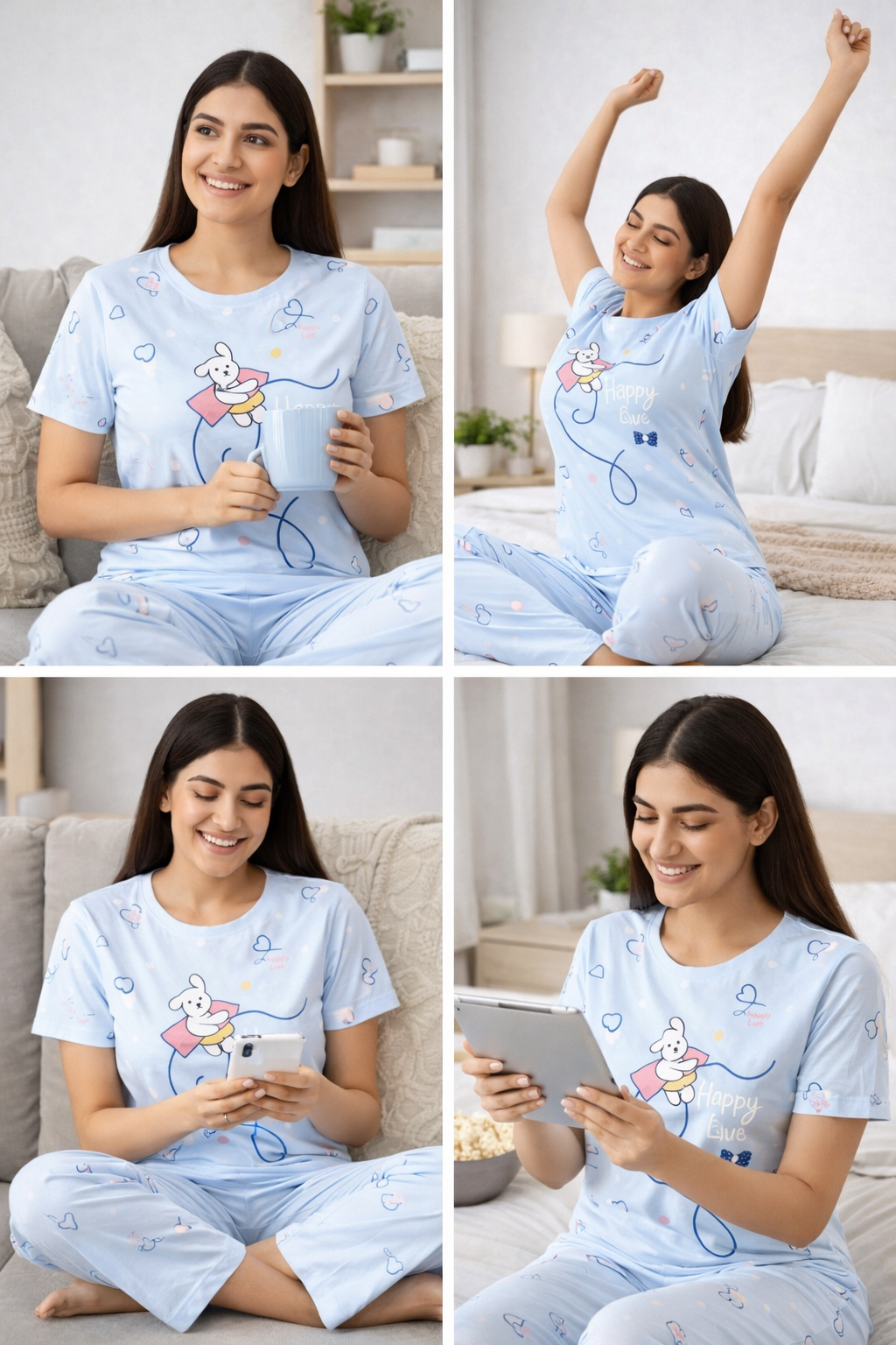 Women Viscose Pyjama Set Cute Prints Nightwear Soft Breathable Sleepwear Short Sleeve Top & Full Length Pajama Pants Lounge Set