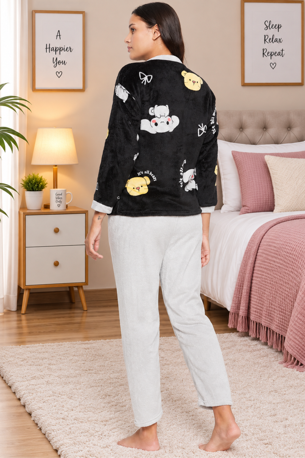 Women Printed Winter Full Sleeve Front open Top and Pajama Pants