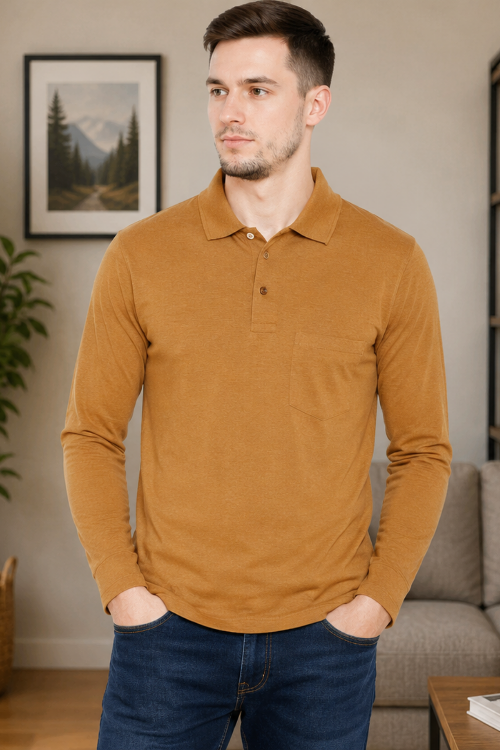 Camey Men's Casual Wear – Chic Cotton Tees Online | Men's Musturd Full Sleeves Cotton Polo T-Shirt