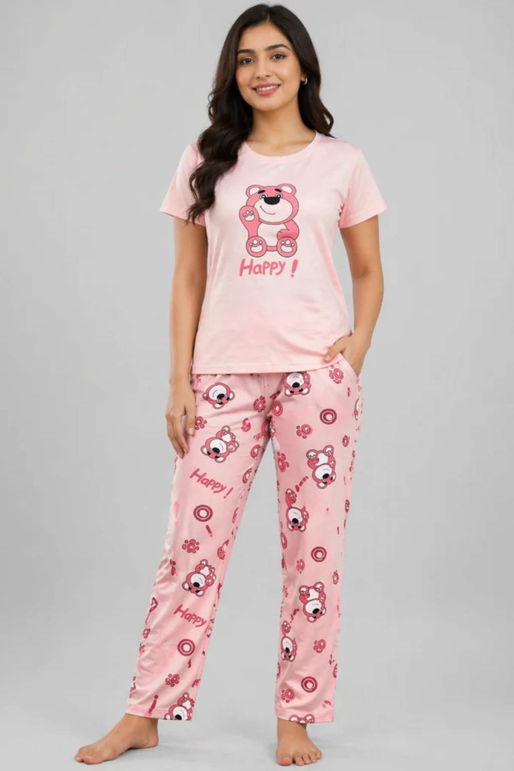 Women Night Suit Pink Teddy Bear Printed Sleepwear Set with Half Sleeve T-Shirt & Pyjama