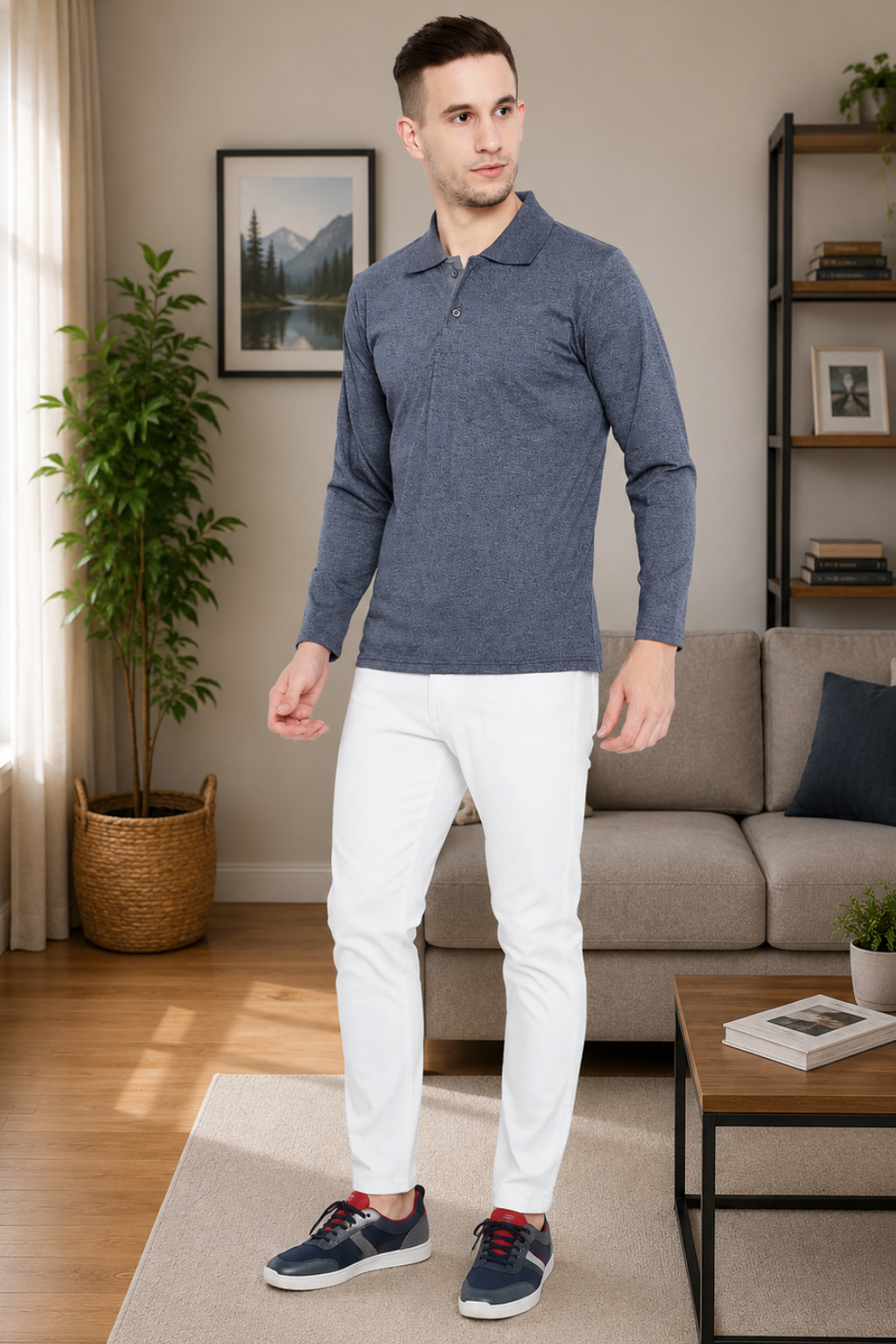 Camey Men's Half Sleeve Tees – Ideal for Everyday Use | Men's Grey Blue Full Sleeves Cotton Polo T-Shirt