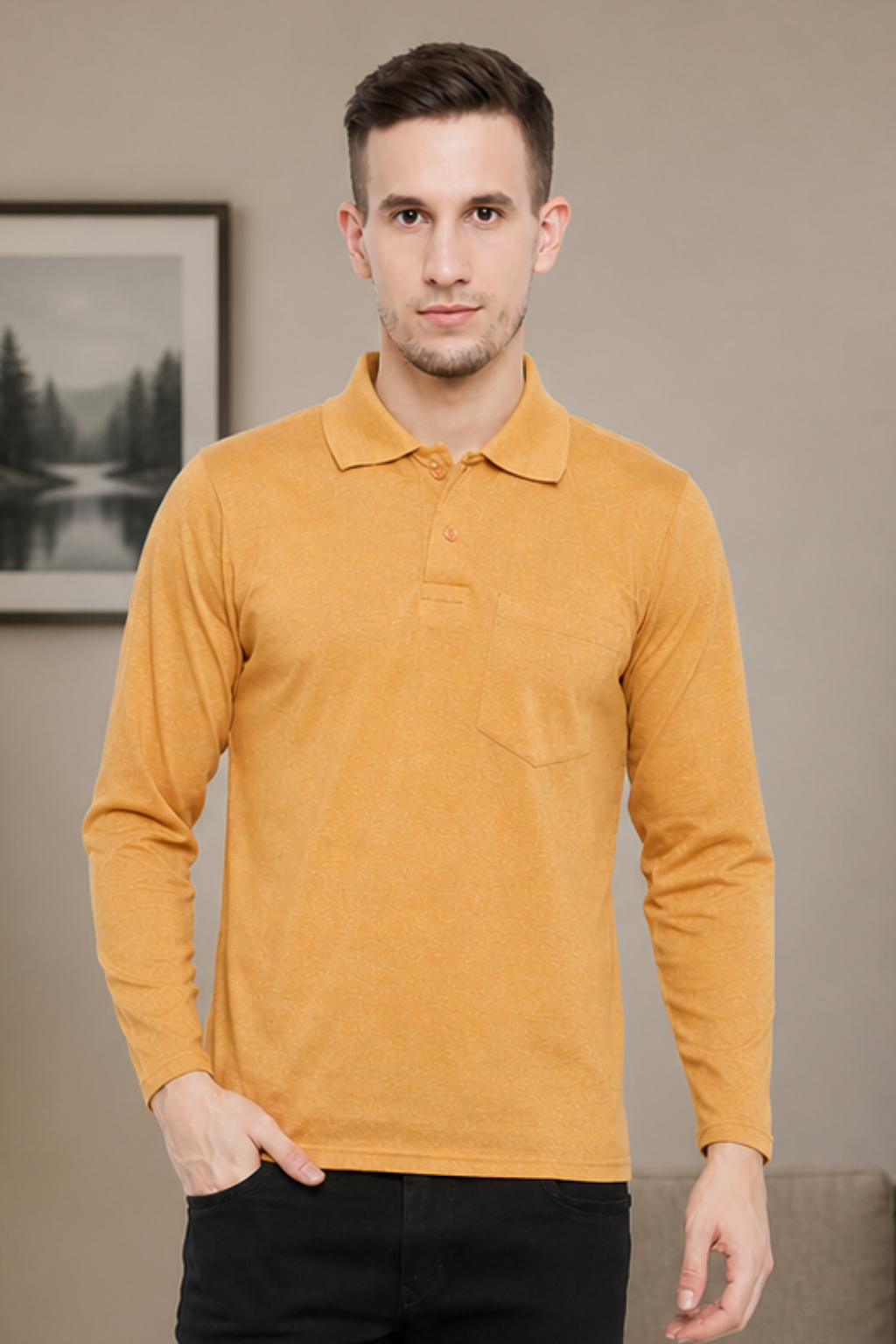 Camey Solid T-Shirts for Men – Traditional & Evergreen Style | Men's Dark Yellow Full Sleeves Cotton Polo T-Shirt