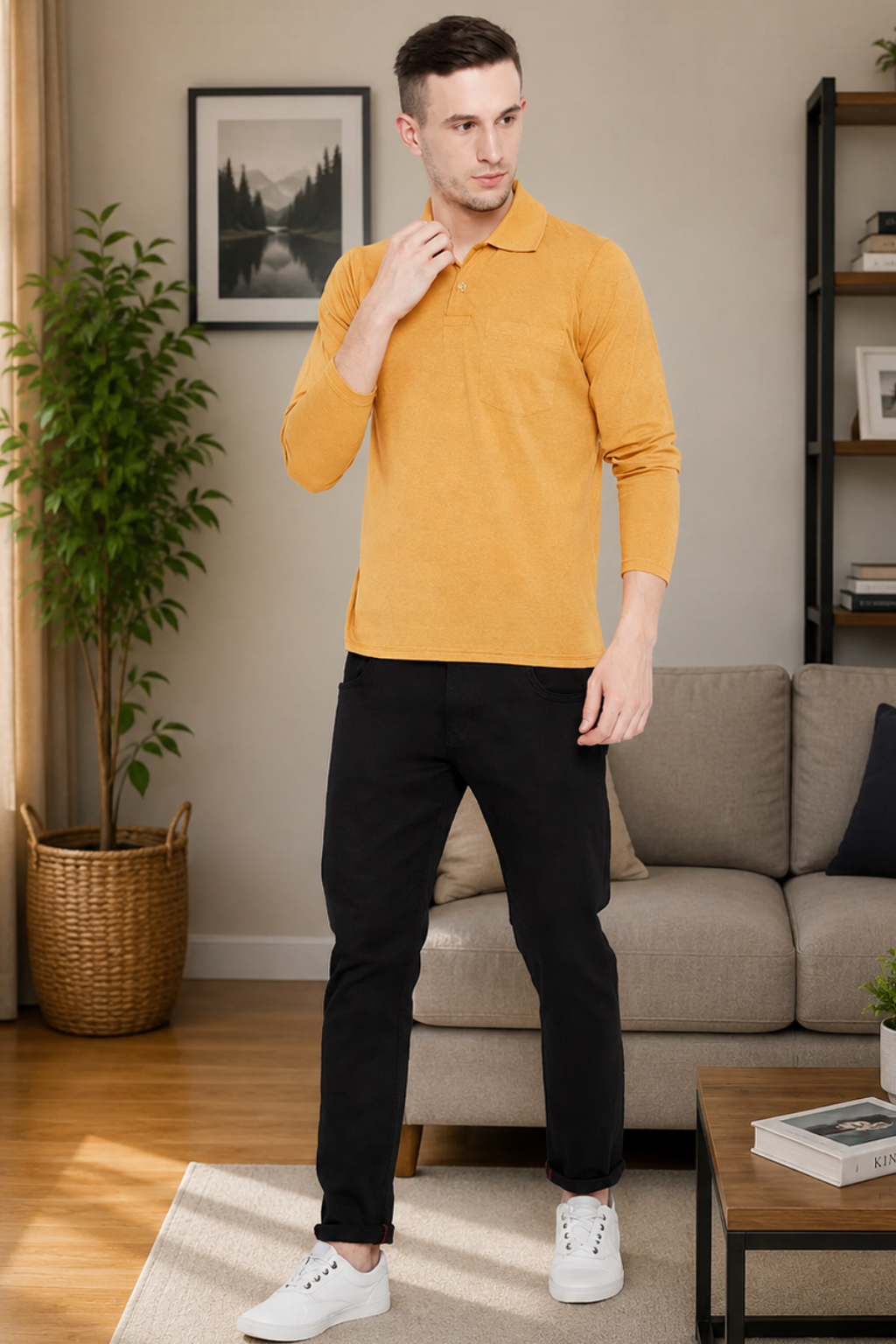 Camey Solid T-Shirts for Men – Traditional & Evergreen Style | Men's Dark Yellow Full Sleeves Cotton Polo T-Shirt