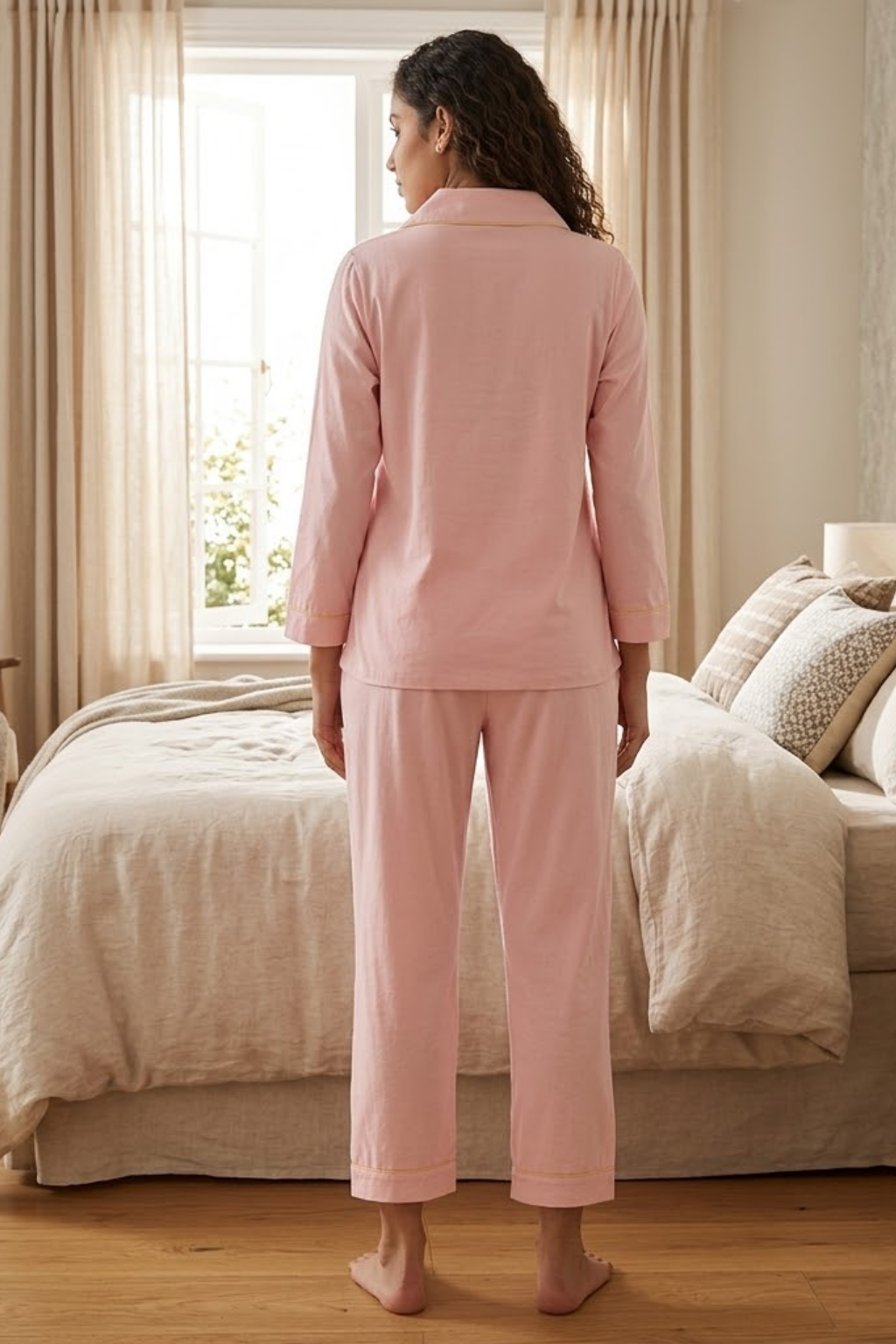 Women's Cotton Pajama Set, Long Sleeve Button-Down Top with Pants, Sleepwear, Pink