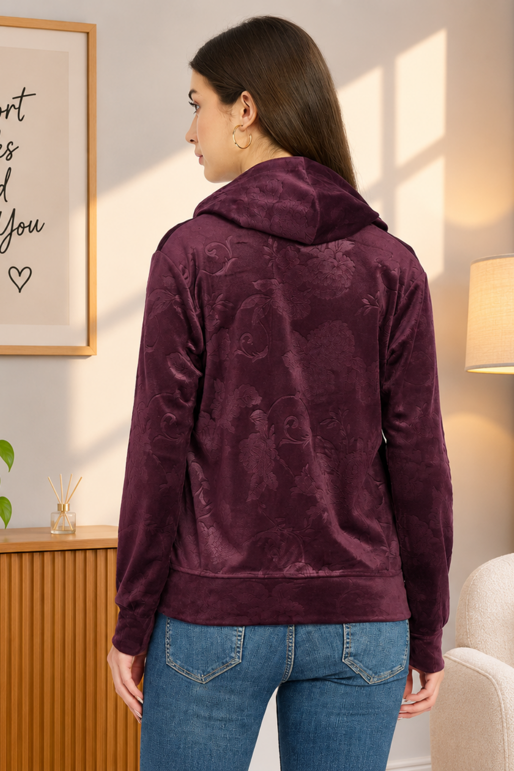 Women’s Floral Textured Zip-Up Hooded Sweatshirt