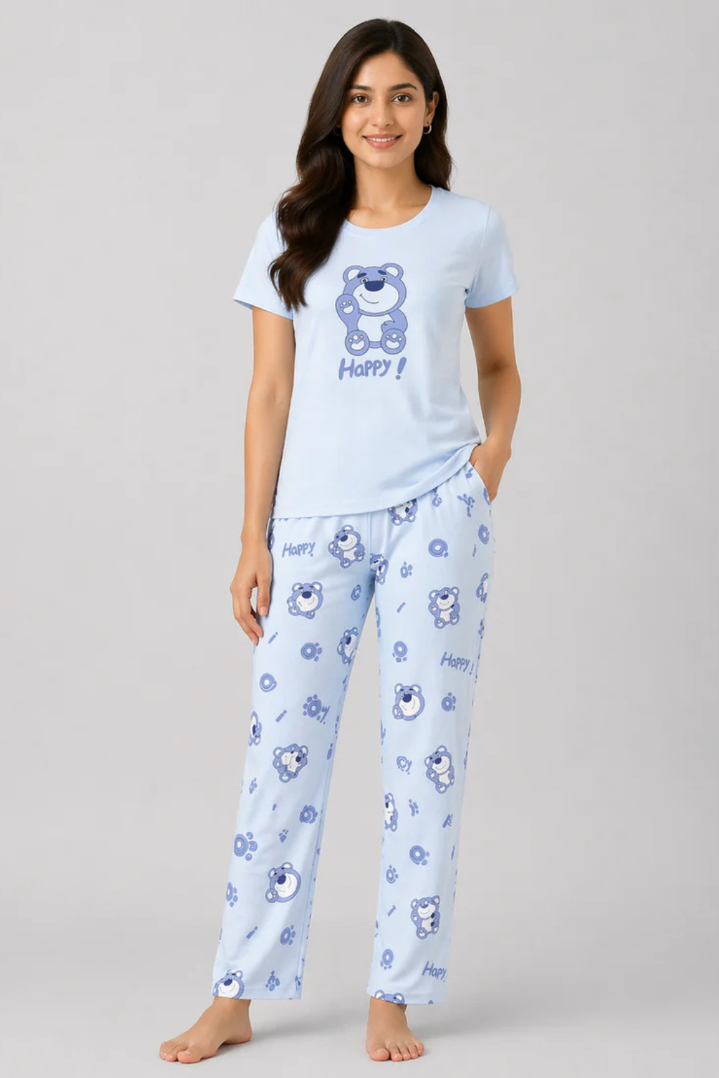 Women Night Suit Blue Teddy Print Cotton Sleepwear Set with Half Sleeve T-Shirt & Pyjama