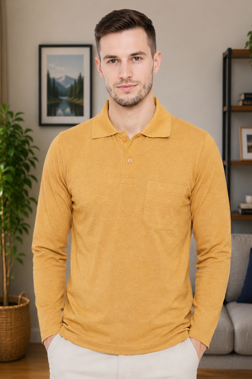 Camey Solid T-Shirts for Men – Traditional & Evergreen Style | Men's Dark Yellow Full Sleeves Cotton Polo T-Shirt