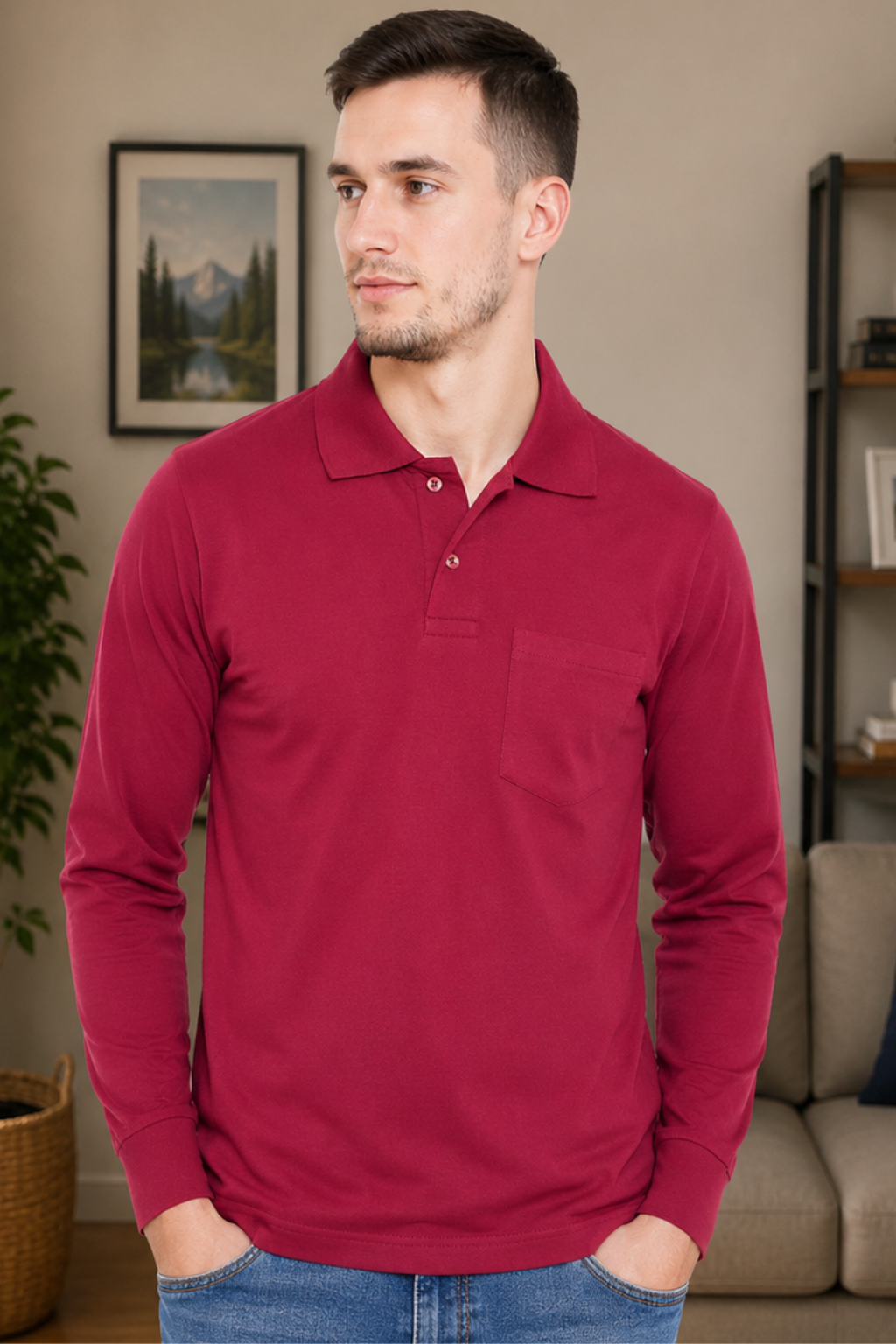 Camey Men's Graphic Tees – Strong Prints, Soft Cotton | Men's Dark Pink Full Sleeves Cotton Polo T-Shirt
