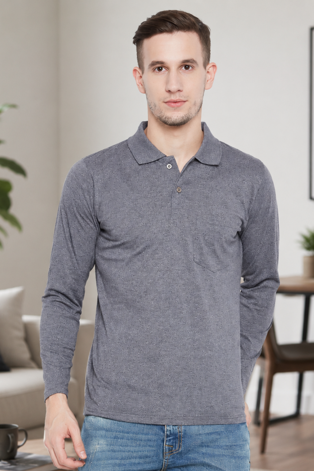Men's Short Sleeve T-Shirts by Camey – Simple & Soft | Men's Dark Grey Full Sleeves Cotton Polo T-Shirt