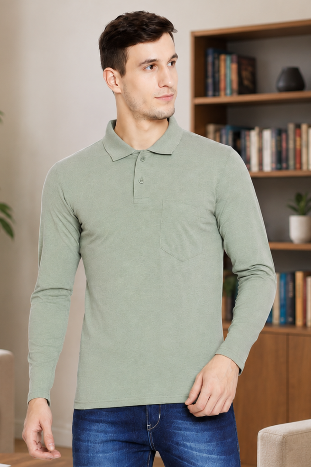 Buy Camey Cotton T-Shirts for Men – Soft & Breathable Fit | Men's Dark Green Full Sleeves Cotton Polo T-Shirt