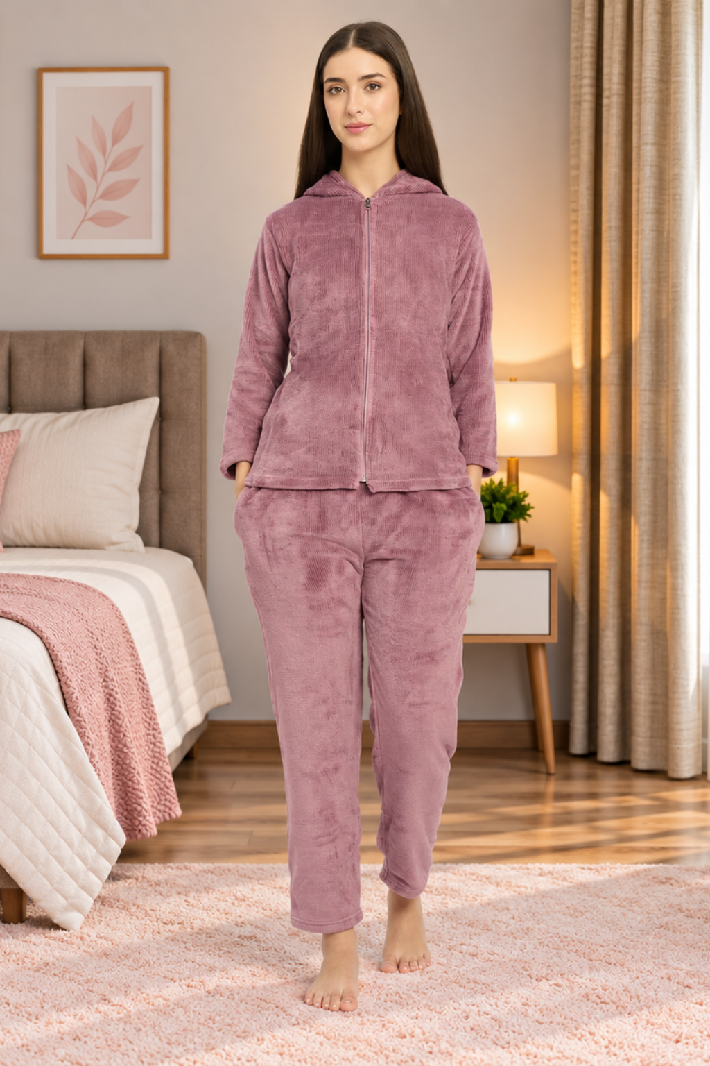 Women Winter Full Sleeve Jacquard Zipper Hoody Nightsuit