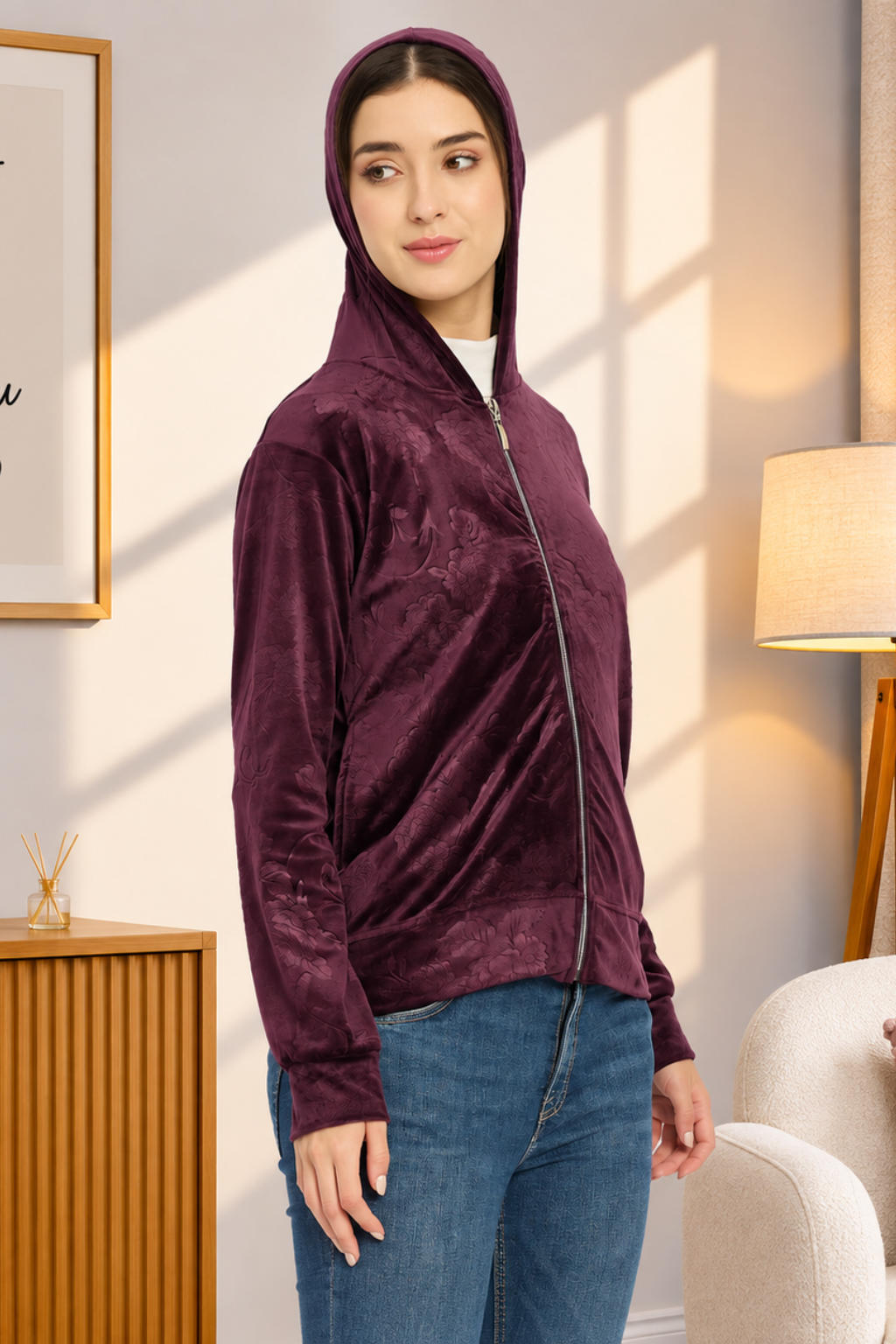 Women’s Floral Textured Zip-Up Hooded Sweatshirt