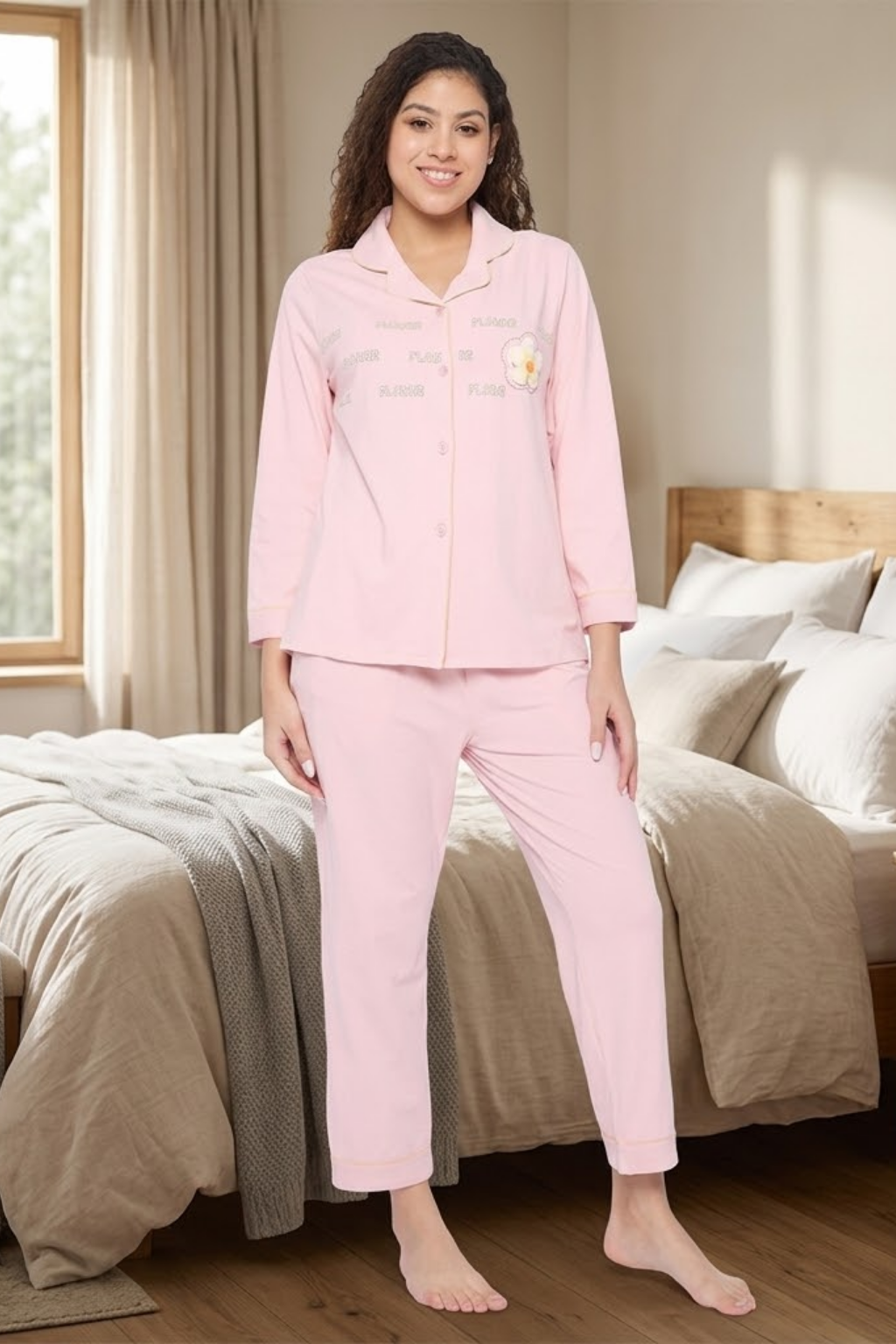 Women's Cotton Pajama Set, Long Sleeve Button-Down Top with Pants, Sleepwear, Pink