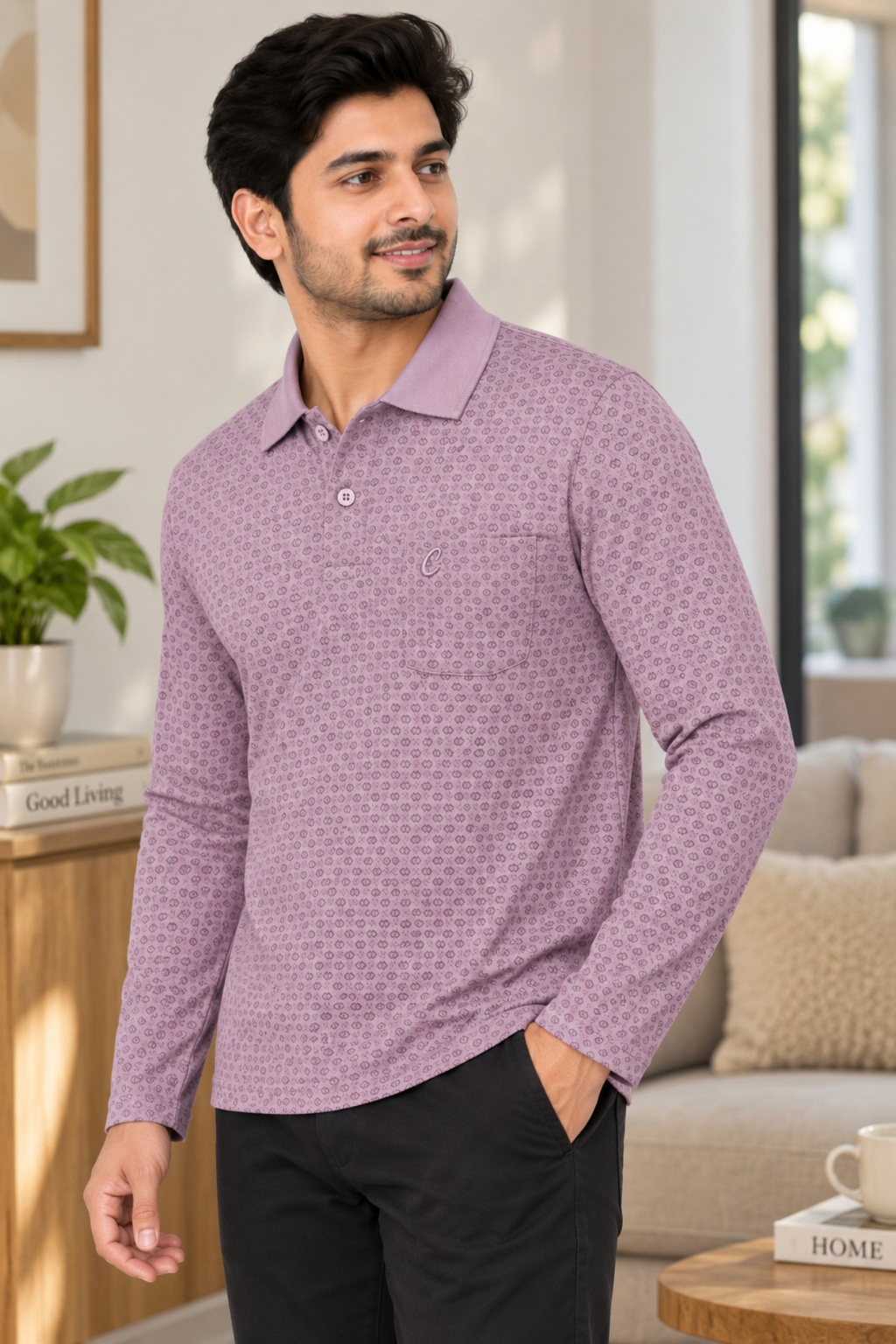 Men's Printed Full Sleeve T-Shirt For Men Polo Neck With Chest Pocket
