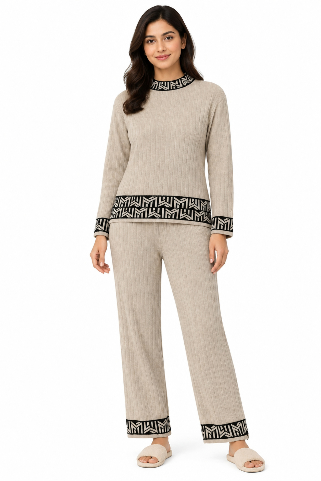 Camey Women Woolen Lounge Wear Set | Full Sleeve with Wide Leg Pants | Soft Warm Winter Co-Ord Set