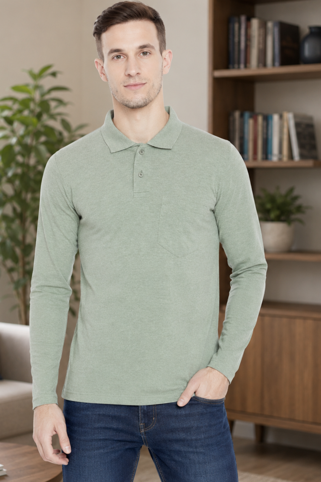 Buy Camey Cotton T-Shirts for Men – Soft & Breathable Fit | Men's Dark Green Full Sleeves Cotton Polo T-Shirt