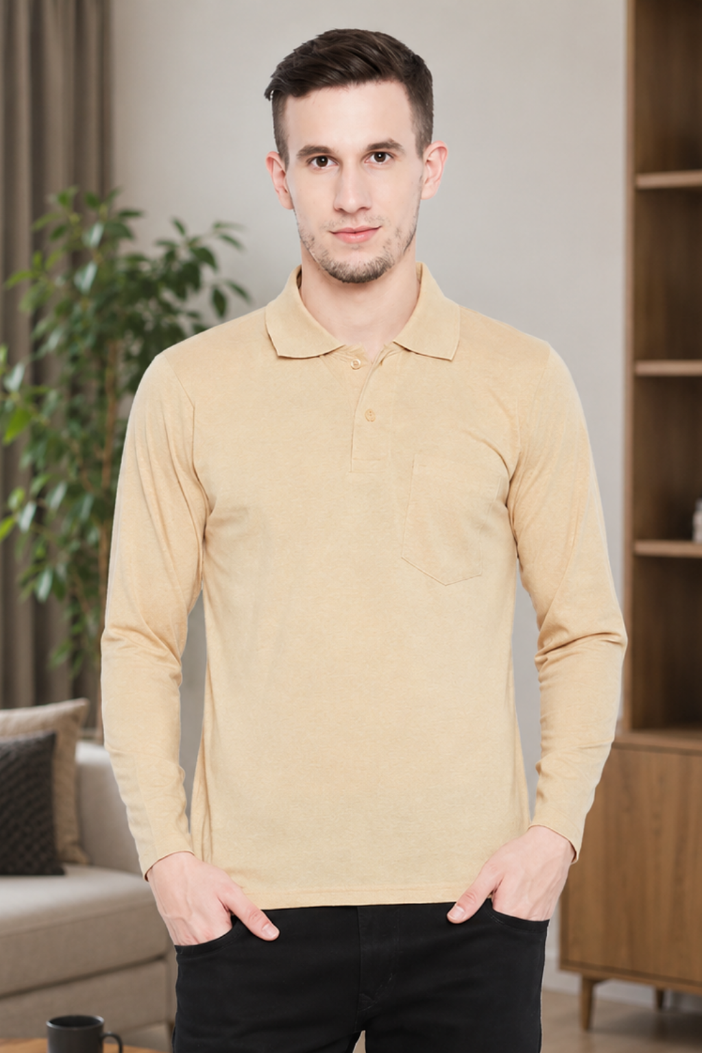 Men's Cream Full Sleeves Cotton Polo T-Shirt