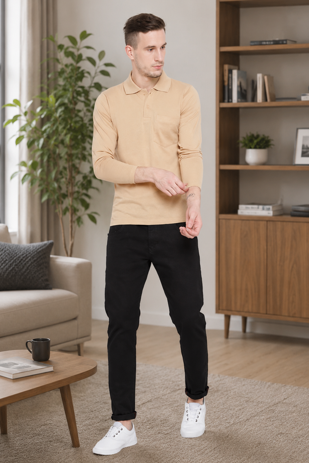 Men's Cream Full Sleeves Cotton Polo T-Shirt